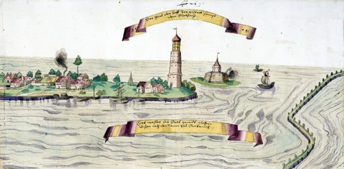 Travemünde, Ansicht der Halbinsel mit Leuchtturm und Blockhaus zur Kontrolle der Travemündung