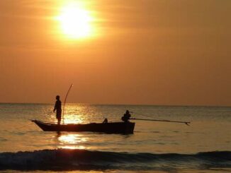 Abbildung 1: Ein kleines Boot mit einem kräftigen Außenbordmotor hat die Power, um den Angler ein Stück weit rauszufahren und den Sonnenuntergang genießen zu lassen. Um diese Tageszeit beißen manche Fische besonders gut.