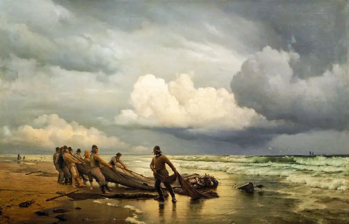 Fischer holen am Nordstrand von Skagen die Netze ein, gemalt von Johann Carl Neumann (1870)