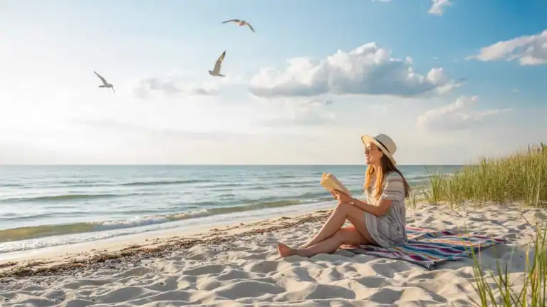 Ostsee Bibliothek Frau liest buch am Ostseestrand, schönes helles bild