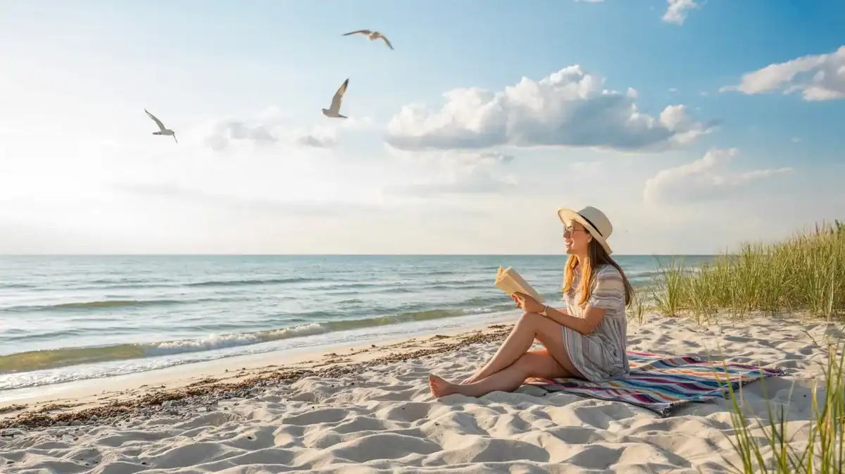 Ostsee Bibliothek Frau liest buch am Ostseestrand, schönes helles bild
